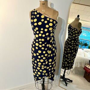 J. Crew Women’s One-Shoulder Silk Faux Wrap Dress in Navy and Yellow Dots Sz 4